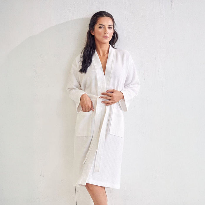 Women's Long Waffle White  Bathrobe, Kimono Style, Polyblend