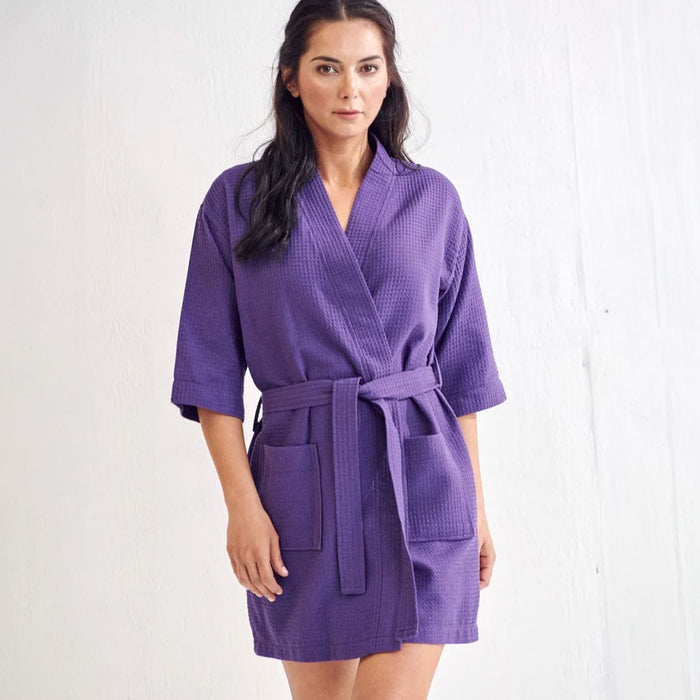 Women's Waffle Kimono Short Bathrobe- Luxurious Cotton, Absorbency & Lightweight (Purple)