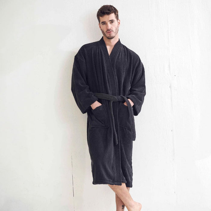 Men's Terry Black Bathrobe, Kimono Style