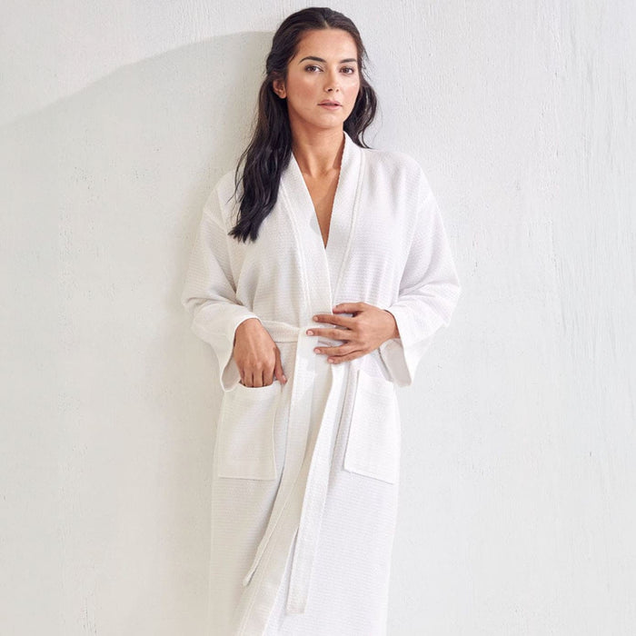 Women's Long Waffle White  Bathrobe, Kimono Style, 100% Cotton