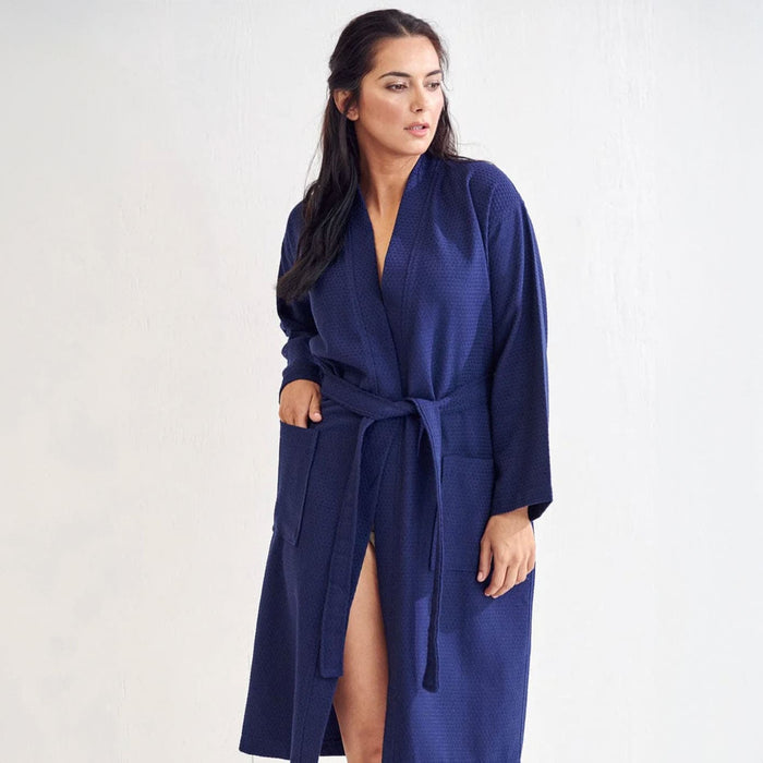 Women's Long Cotton Waffle Bathrobe, Kimono Style, Comfortable, Softness & Fast dry (NAVY)