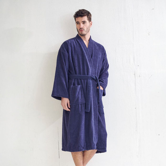 Men's Terry Cloth Bathrobe, Kimono Style, Cotton Luxury & Comfortable, (Navy)