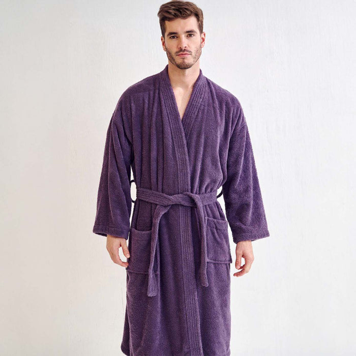 Men's Terry Cloth Bathrobe, Kimono Style, Luxury Cotton & Comfortable, (Purple)