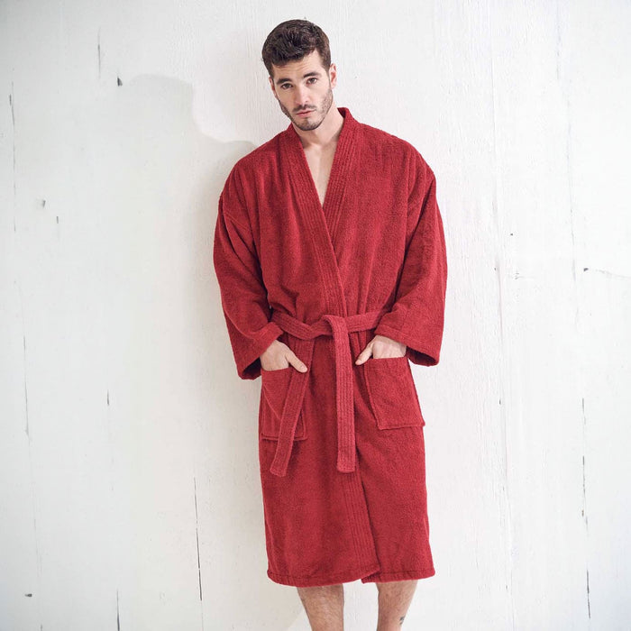 Men's Terry Cloth Cotton Bathrobe, Kimono Style, Luxurious & Comfortable, (Burgundy)