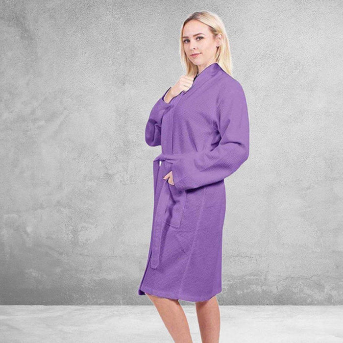 Women's Long Cotton Waffle Bathrobe, Kimono Style, Comfortable & Luxurious Fabric (Lavender)