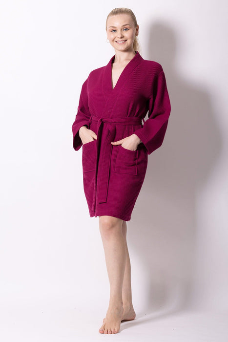 Women's Waffle Kimono Bathrobe, Stylish Knee Length Robe, Luxury Cotton & Comfort, (Wine Red)