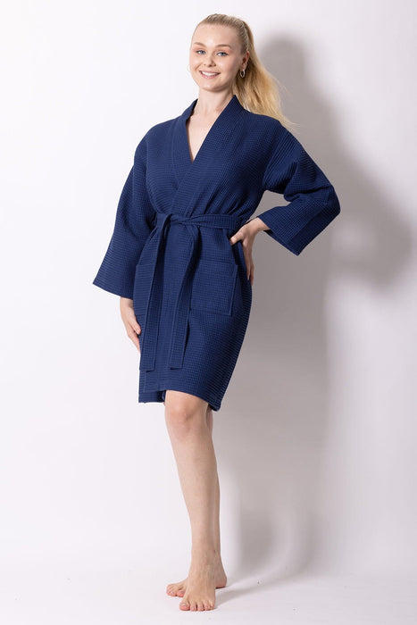 Women's Waffle Kimono Bathrobe, Stylish Knee Length Robe Luxury Cotton & Comfort, (Navy)