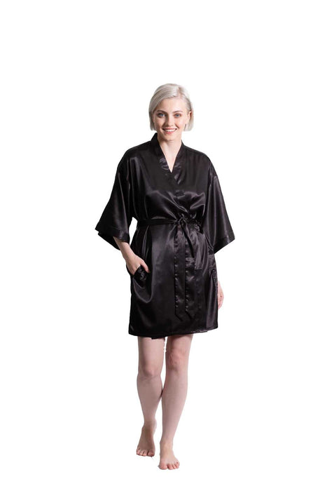 Woman’s Satin Kimono Short Robe, Luxury & Lightweight, Comfortable Robe, (Black)