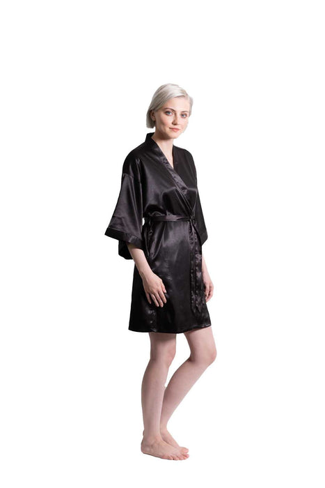 Woman’s Satin Kimono Short Robe, Luxury & Lightweight, Comfortable Robe, (Black)