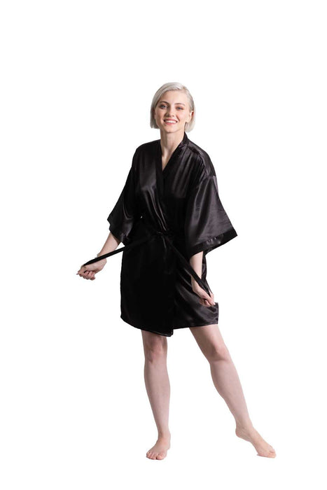 Woman’s Satin Kimono Short Robe, Luxury & Lightweight, Comfortable Robe, (Black)