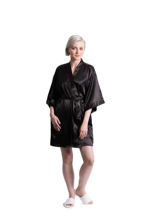 Woman’s Satin Kimono Short Robe, Luxury & Lightweight, Comfortable Robe, (Black)