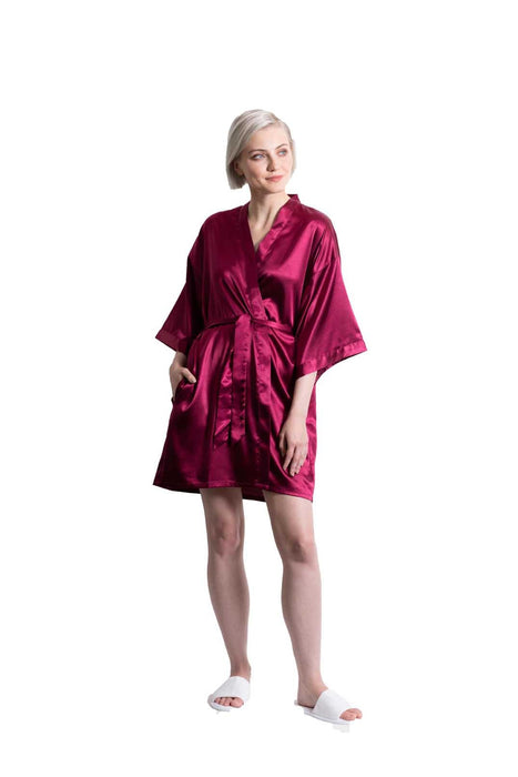 Wine Red Satin Kimono Short Robe