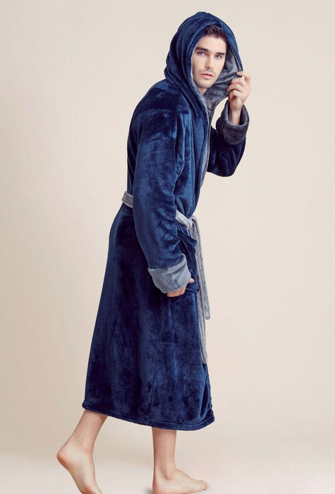 Men Plush Shawl Collar Robe, Fluffy Spa Robes, Winter Warm House & Hotel Robes (Blue & Gray)