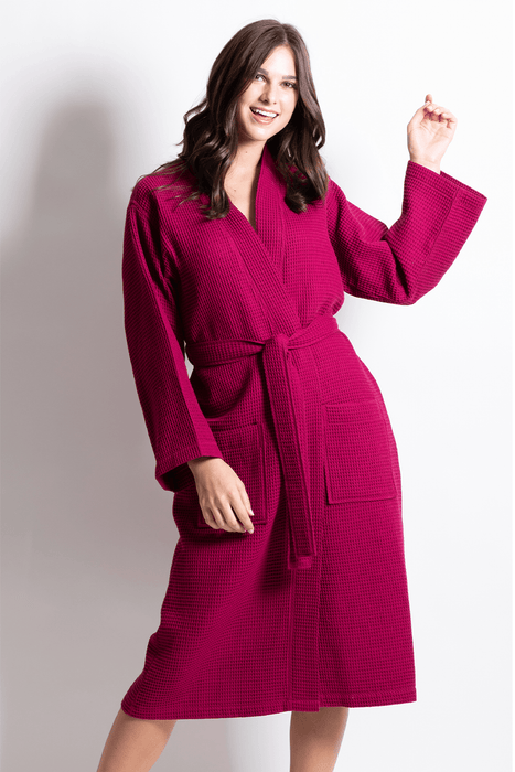 Women's Long Waffle cotton Bathrobe, Kimono Style, Luxury Robe Poly blend (Wine Red)