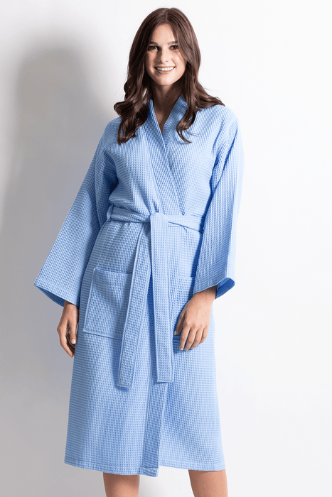 Women's Long Waffle Cotton Bathrobe, Kimono Style, Luxury Robe Poly blend (Serenity Blue)