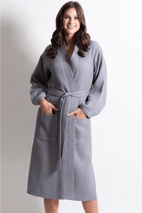 Women's Long Waffle Cotton Bathrobe, Kimono Style, Luxury Robe Poly blend (Grey)