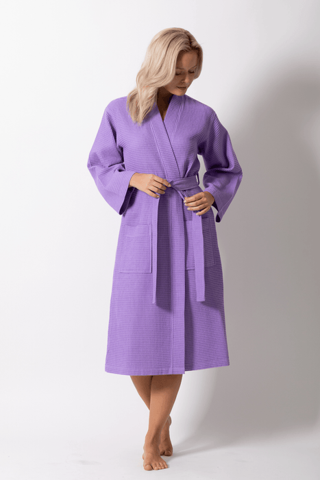 Premium Women's Long Cotton Waffle Bathrobe, Kimono Style, Comfort & Softness (Lavender)