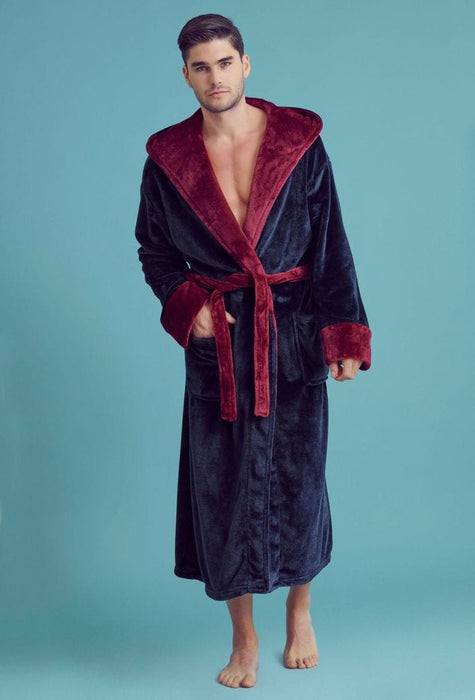 Men Plush Shawl Collar Robe, Fluffy Spa Robes, Winter Warm House & Hotel Robes (Navy & Red)