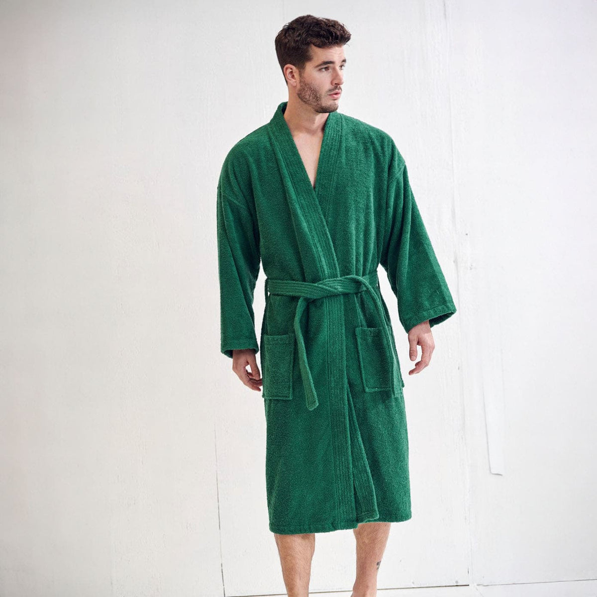 Green Male Towel Dressing Gown Men's Soft Plush Robe Forest Green Black  Fleece Extra Warm