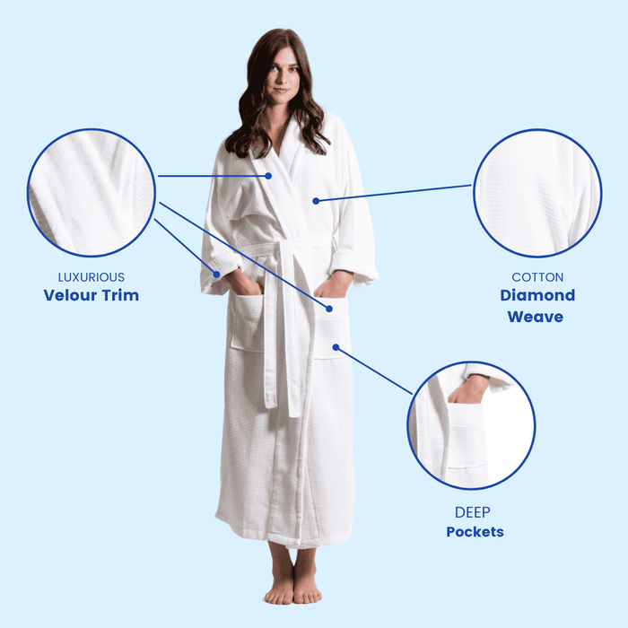 Women's Waffle Bathrobe, Velour Shawl, 100% Cotton