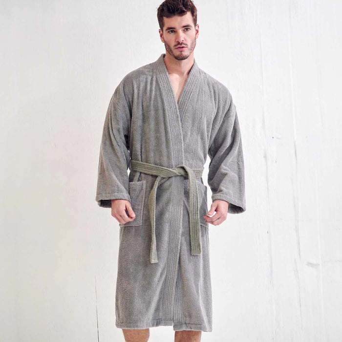 Men's Terry Gray Bathrobe, Kimono Style