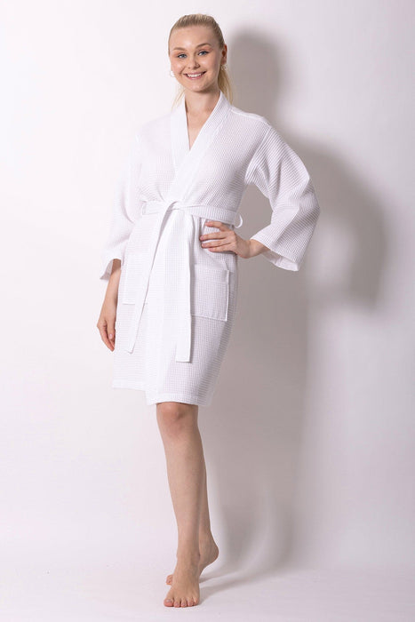 Women's Waffle Kimono Knee Length White Bathrobe