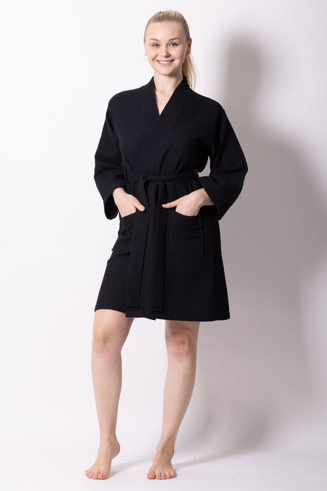 Women's Waffle Kimono Knee Length Black Bathrobe