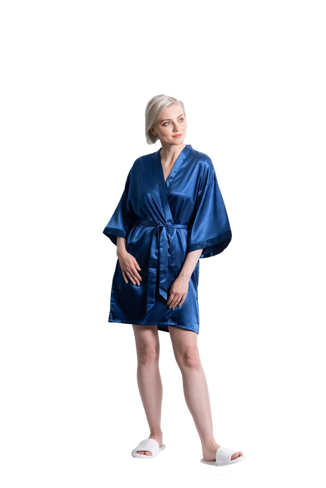 Navy Blue Satin Kimono Short Robe, Wholesale Bridal Robes — RobesNmore