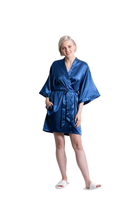 Navy Blue Satin Kimono Short Robe
