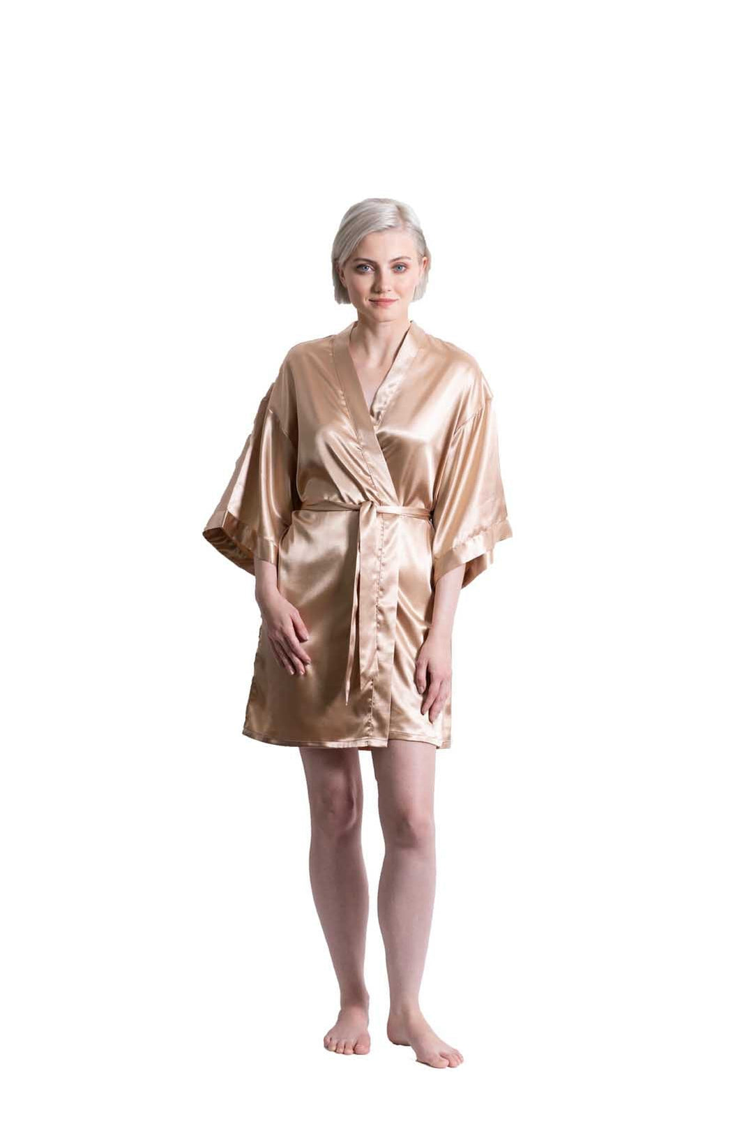 Taupe Satin Kimono Short Robe, Wholesale Bridal Robes — RobesNmore