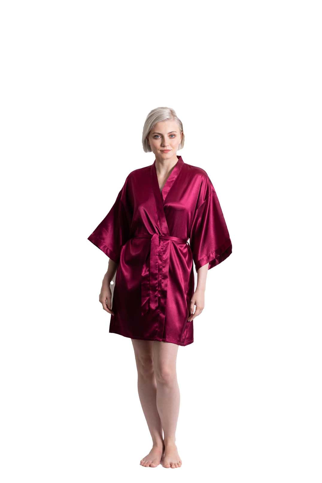Wine Red Satin Kimono Short Robe, Wholesale Bridal Robes — RobesNmore