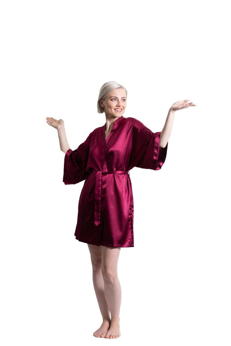 Wine Red Satin Kimono Short Robe