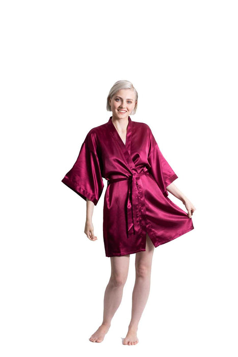 Wine Red Satin Kimono Short Robe