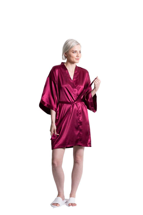 Wine Red Satin Kimono Short Robe, Wholesale Bridal Robes — RobesNmore