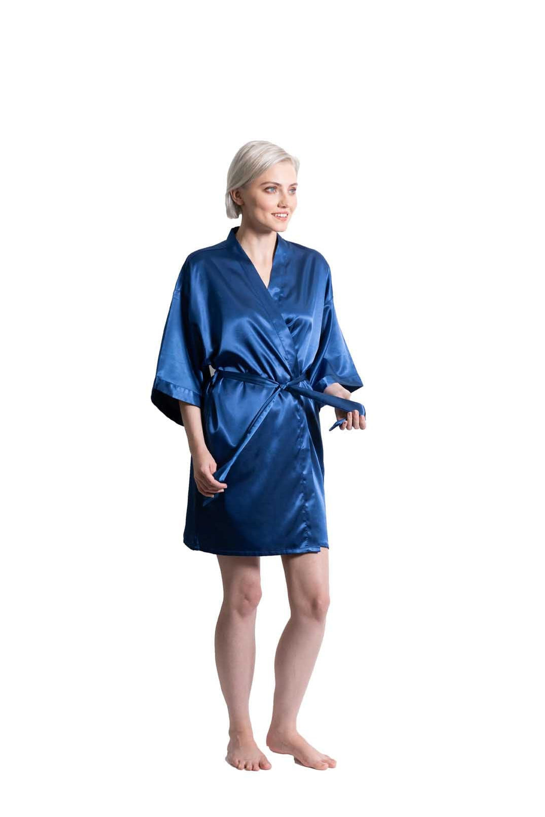 Short Blue Robe Navy Blue Satin Kimono Short Robe, Wholesale Bridal Robes — RobesNmore