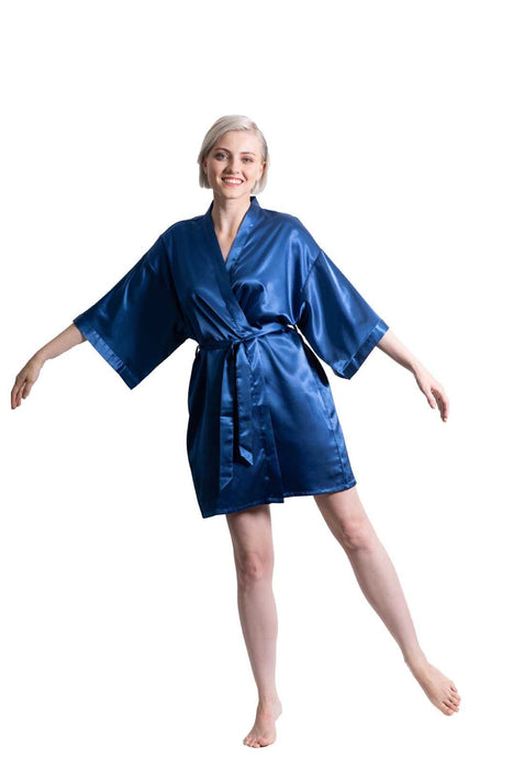 Navy Blue Satin Kimono Short Robe