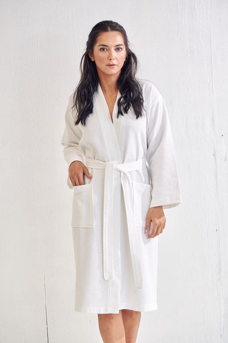 Women's Long Waffle White  Bathrobe, Kimono Style, Polyblend