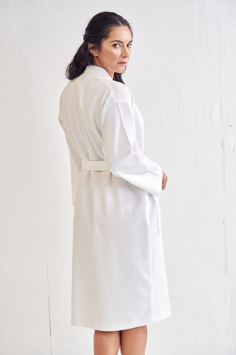 Women's Long Waffle White  Bathrobe, Kimono Style, Polyblend