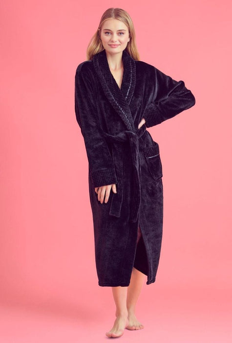 Women Plush Shawl Collar Robe Black