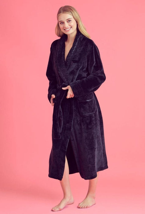 Women Plush Shawl Collar Robe Black