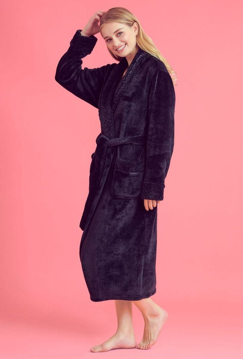 Women Plush Shawl Collar Robe Black