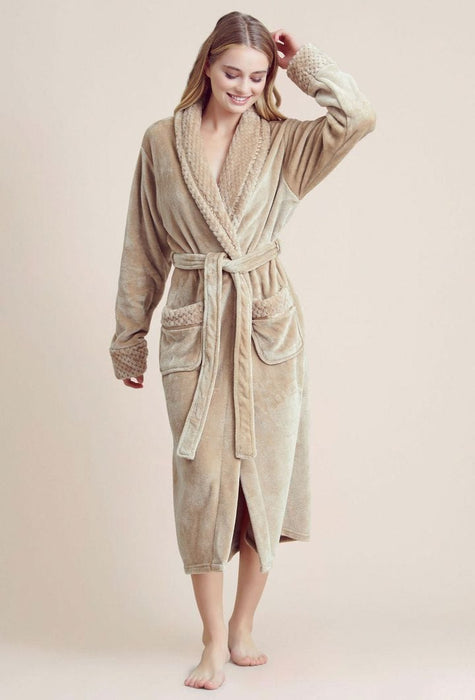 Women Plush Shawl Collar Robe Taupe