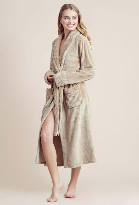 Women Plush Shawl Collar Robe Taupe