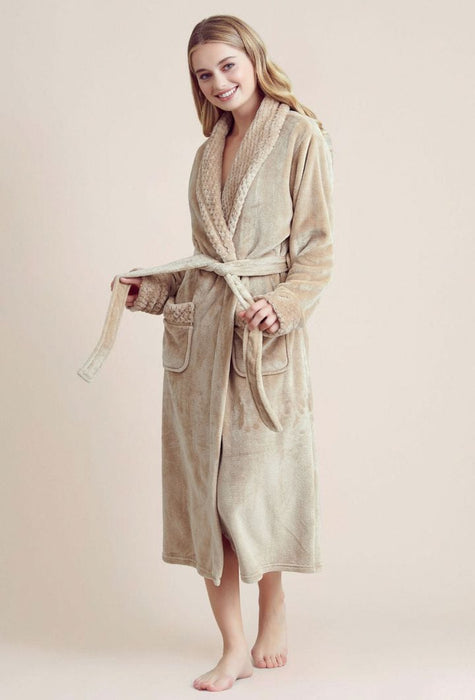 Women Plush Shawl Collar Robe Taupe