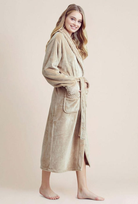 Women Plush Shawl Collar Robe Taupe