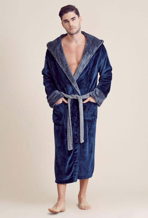 Men Plush Shawl Collar Robe  Blue&Gray