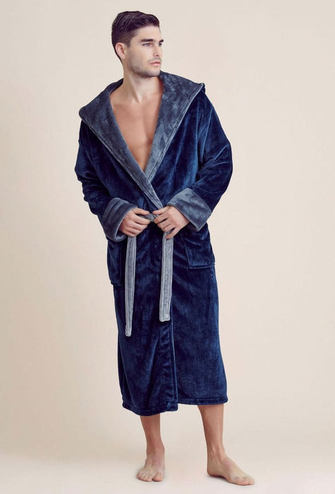 Men Plush Shawl Collar Robe  Blue&Gray