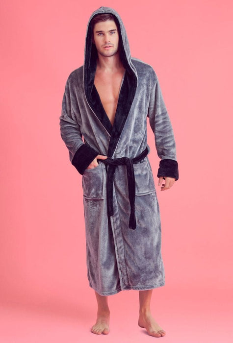 Men Plush Shawl Collar Robe  Gray&Black