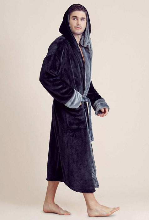 Men Plush Shawl Collar Robe  Navy&Gray