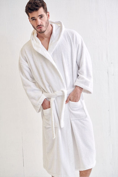 Men's Terry Cloth White Bathrobe, Hooded